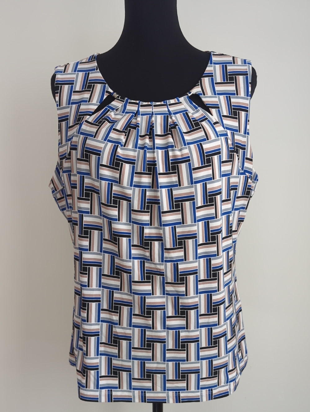 Calvin Klein Blue Geo Basketweave Pleat Neck Sleeveless Shell Top LARGE